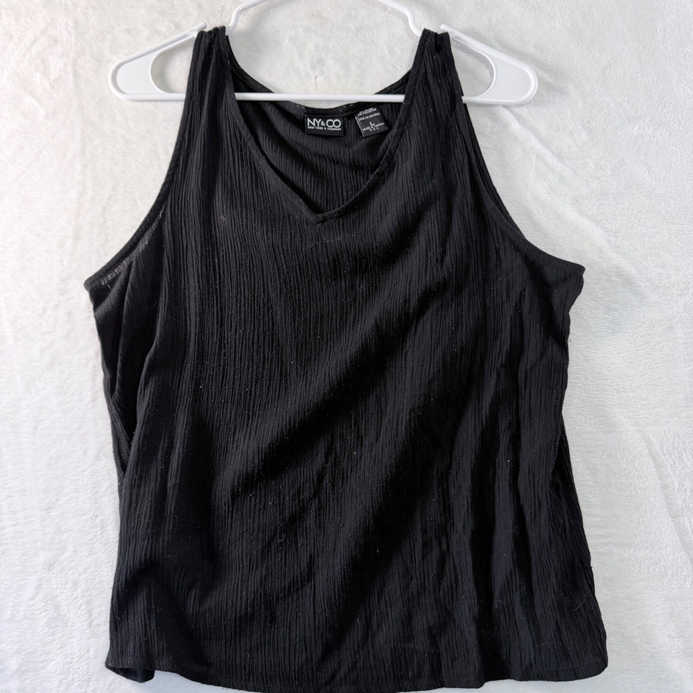 NY&Co Black Tank Top Womens‎ Large Textured Crinkle V Neck Flowy Casual